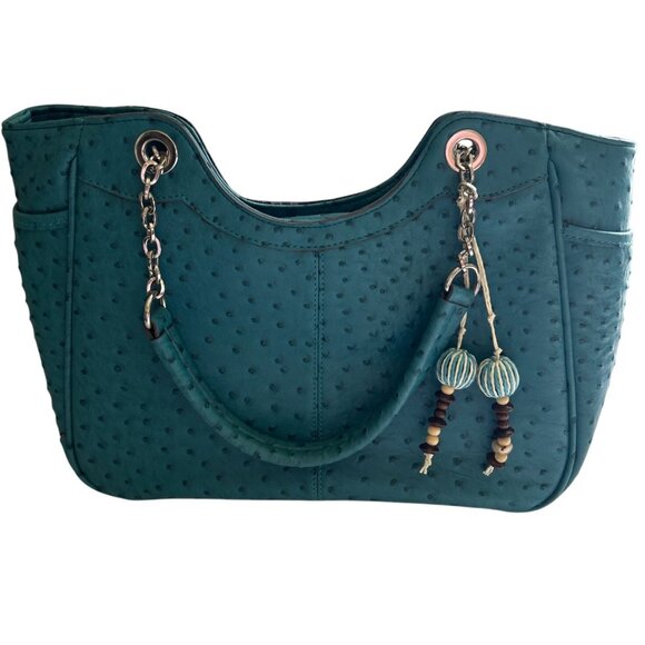 Teal Simulated Ostrich Faux Leather Shoulder Bag With Chain Handles - Picture 2 of 13